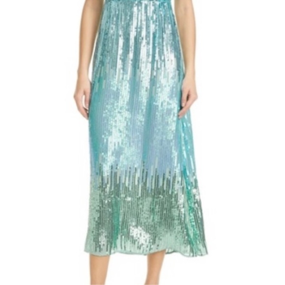 Rixo Sequin Ombré Aqua Turquoise Green Flutter Sleeve Midi Dress Gown - Picture 2 of 10